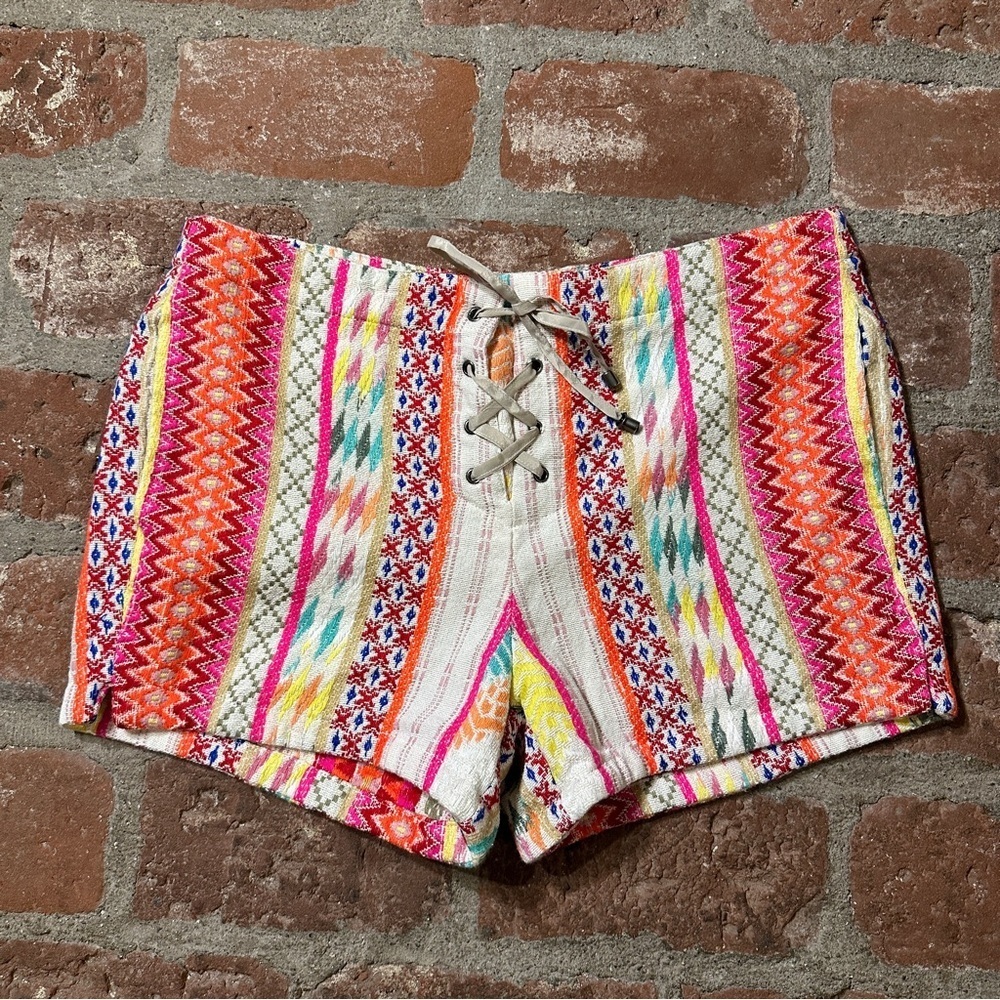 Willow & Clay Women's Lg Vibrant Shorts Lace Up Woven Striped Boho Technicolor